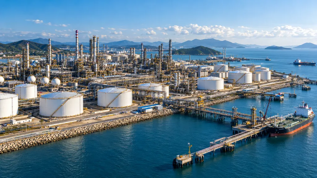 Vista aérea de una refinería costera y una terminal de tanques con un buque en el muelle