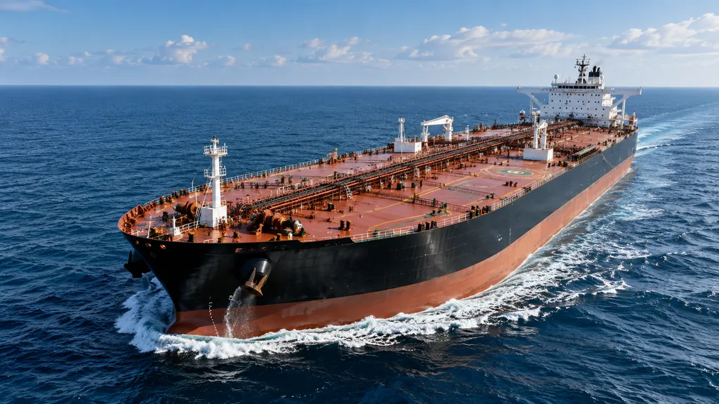Un buque petrolero cargado navegando en mar abierto, visto desde lo alto de la proa