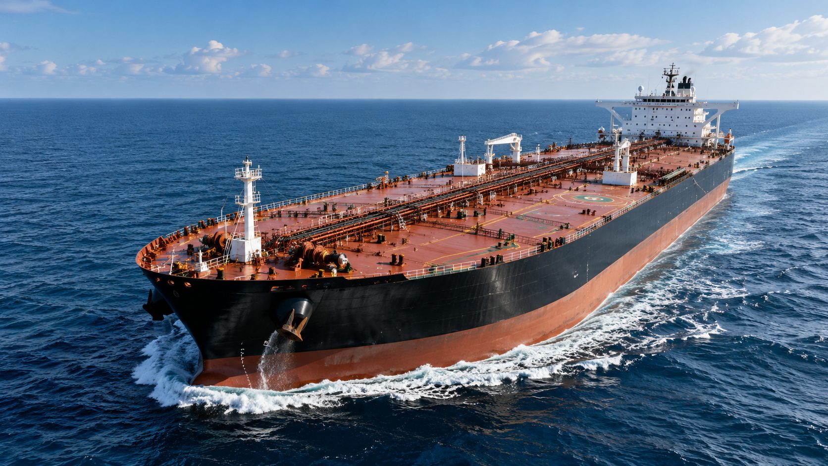 A laden oil tanker under way on open sea, seen from above the bow