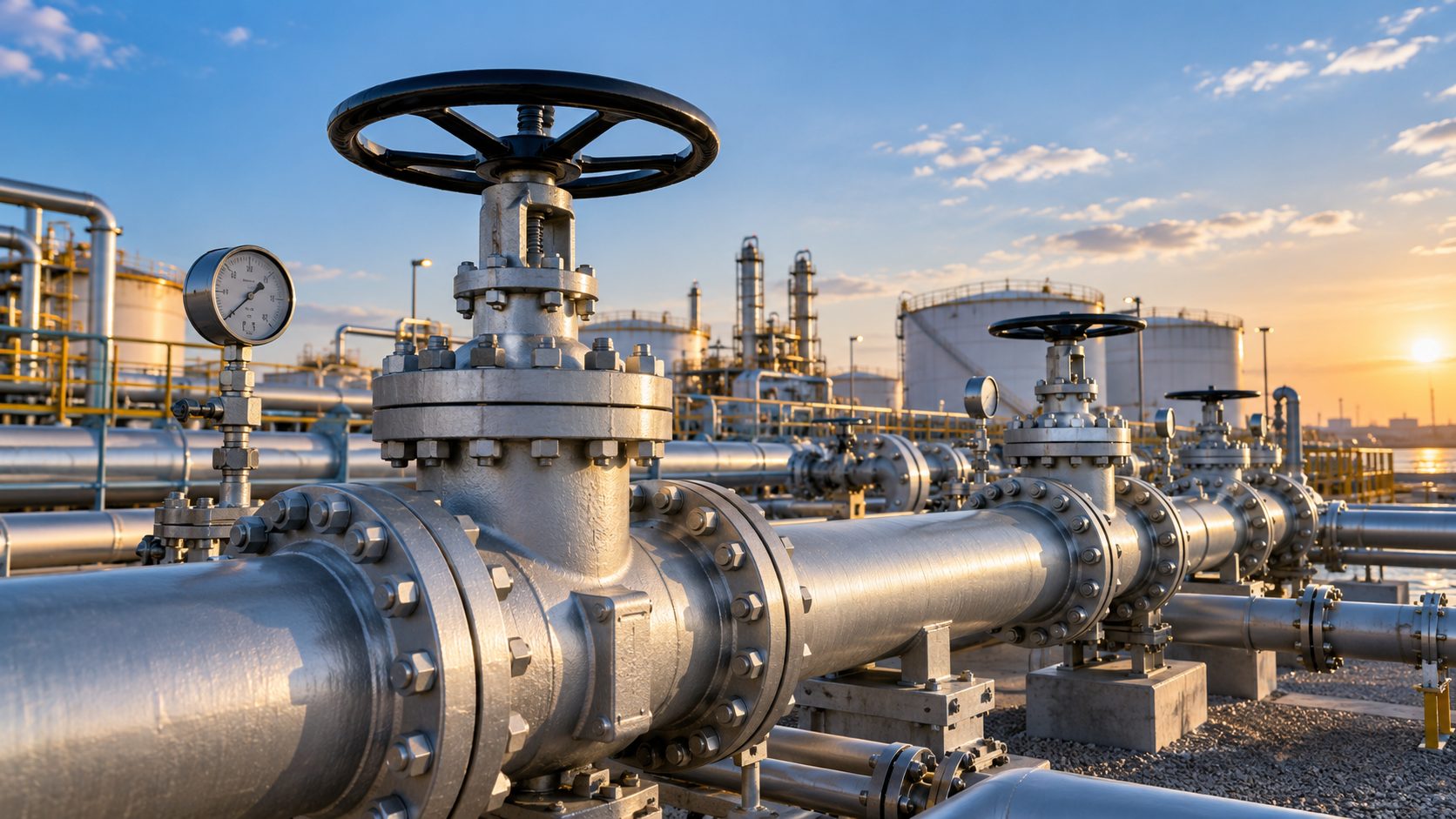 Close view of a pipeline manifold with valve wheels and pressure gauges at a terminal
