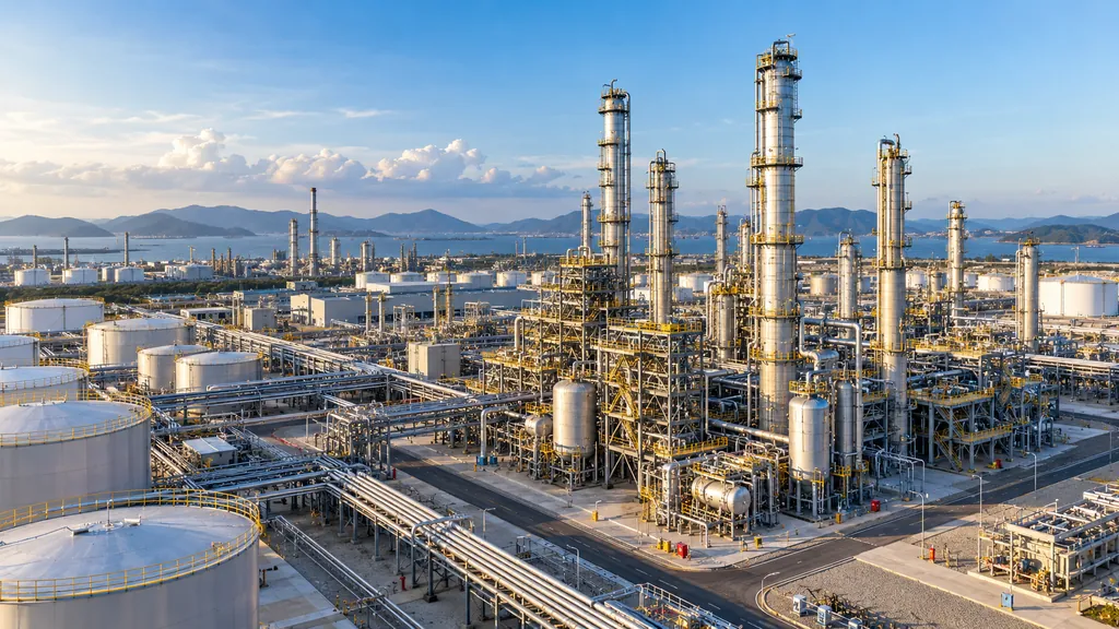 Vista aérea de una refinería a la luz del día con columnas de destilación, bastidores de tuberías y tanques