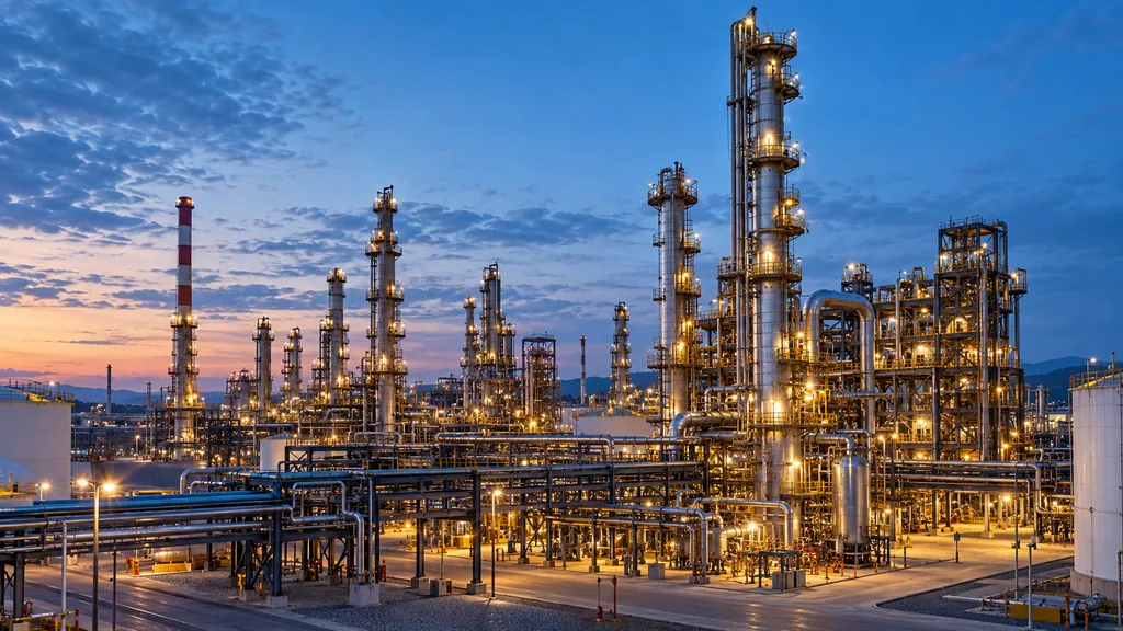 Una refinería al anochecer con torres de destilación y bastidores de tuberías iluminados