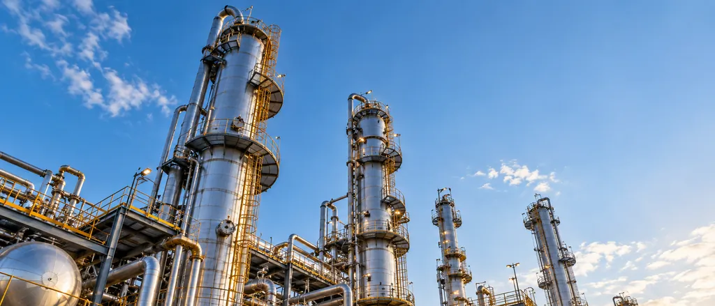Colonnes de distillation argentées d'une raffinerie, avec échelles et plateformes, sur fond de ciel bleu