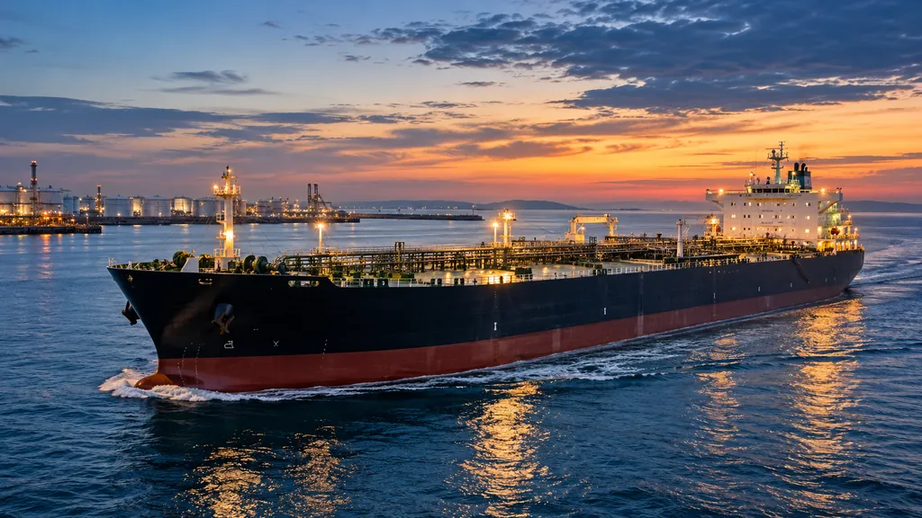 Un buque petrolero saliendo del puerto al anochecer, con las luces reflejadas en el agua