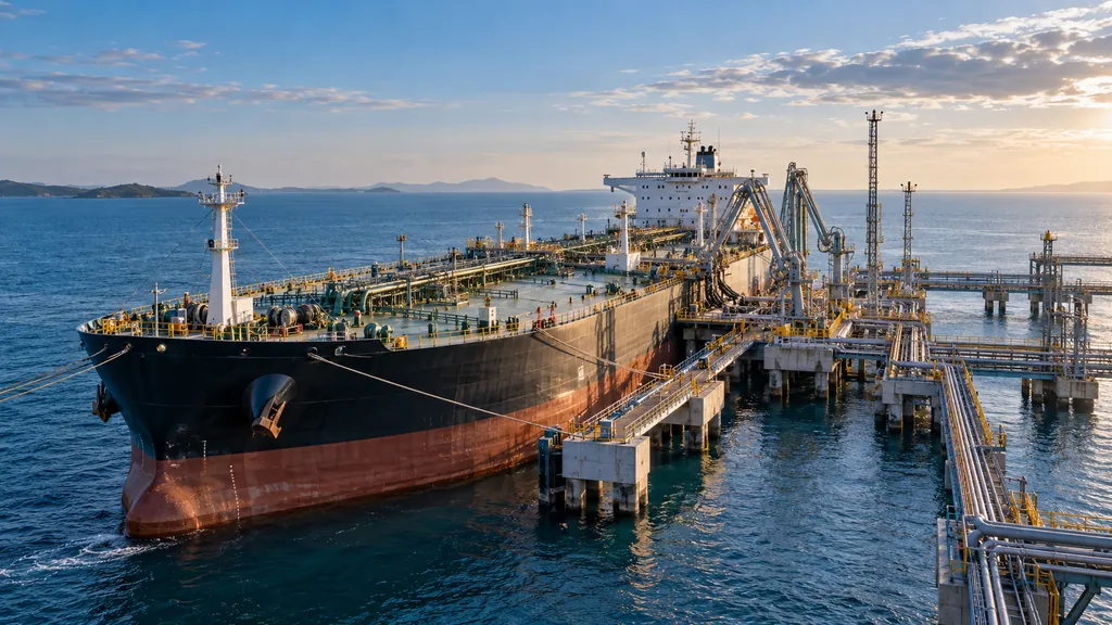 Un buque tanque atracado en el muelle de una terminal con los brazos de carga conectados